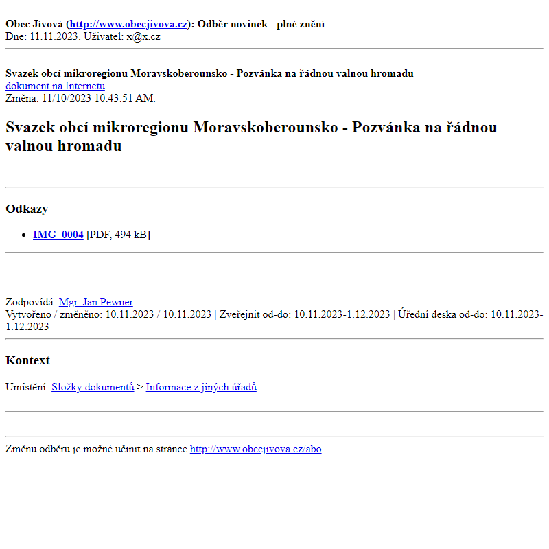 Odběr novinek ze dne (11.11.2023): Svazek obcí mikroregionu Moravskoberounsko - Pozvánka na řádnou valnou hromadu