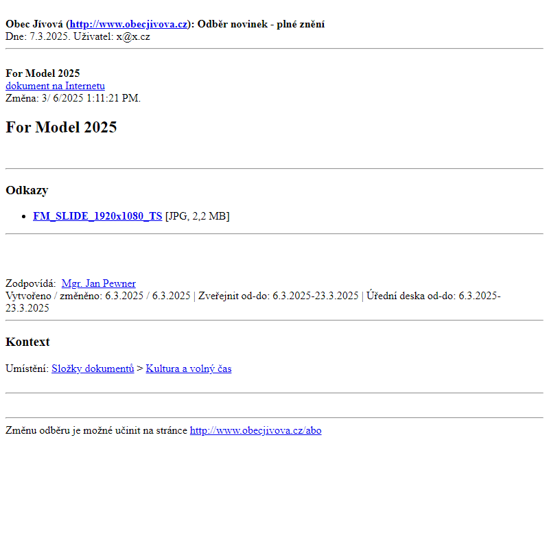 Odběr novinek ze dne (7.3.2025): For Model 2025