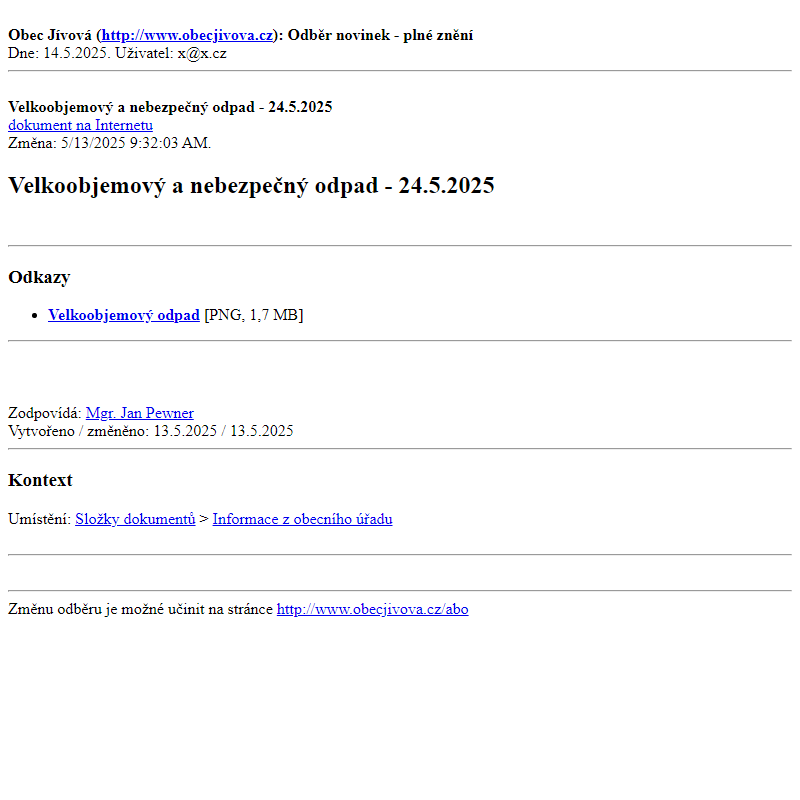 Odběr novinek ze dne (14.5.2025): Velkoobjemový a nebezpečný odpad - 24.5.2025