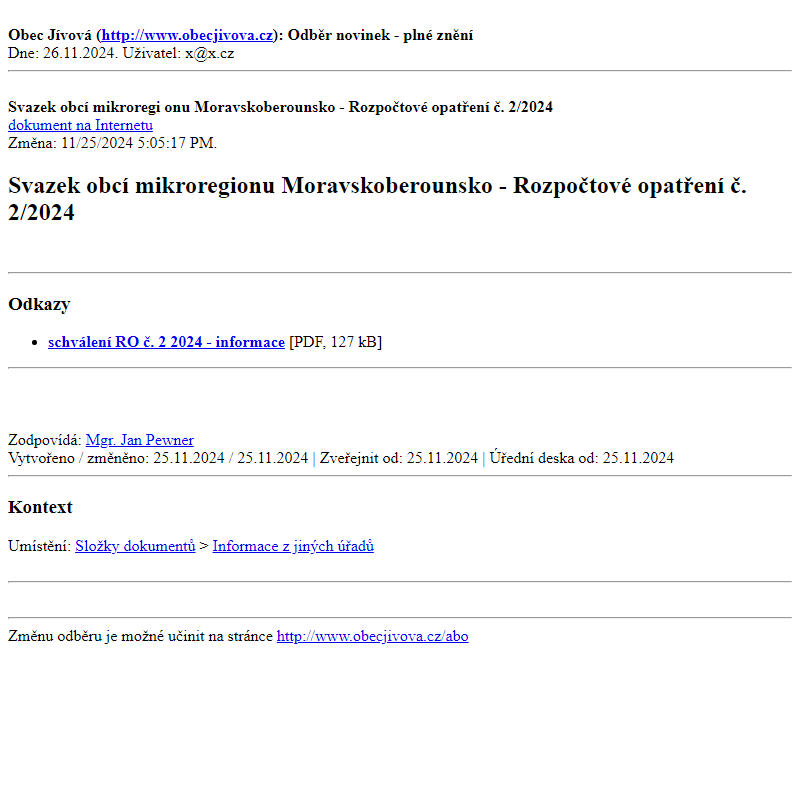 Odběr novinek ze dne (26.11.2024): Svazek obcí mikroregionu Moravskoberounsko - Rozpočtové opatření č. 2/2024