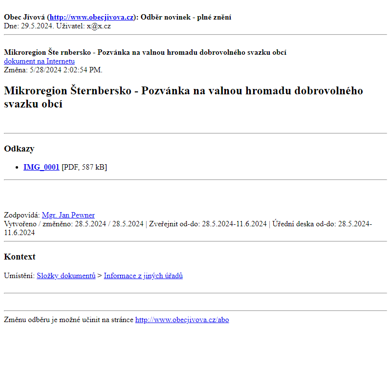 Odběr novinek ze dne (29.5.2024): Mikroregion Šternbersko - Pozvánka na valnou hromadu dobrovolného svazku obcí