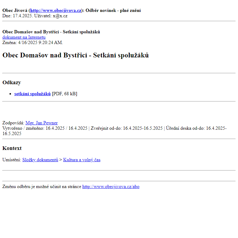 Odběr novinek ze dne (17.4.2025): Obec Domašov nad Bystřicí - Setkání spolužáků