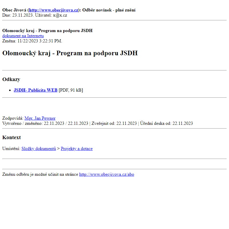 Odběr novinek ze dne (23.11.2023): Olomoucký kraj - Program na podporu JSDH