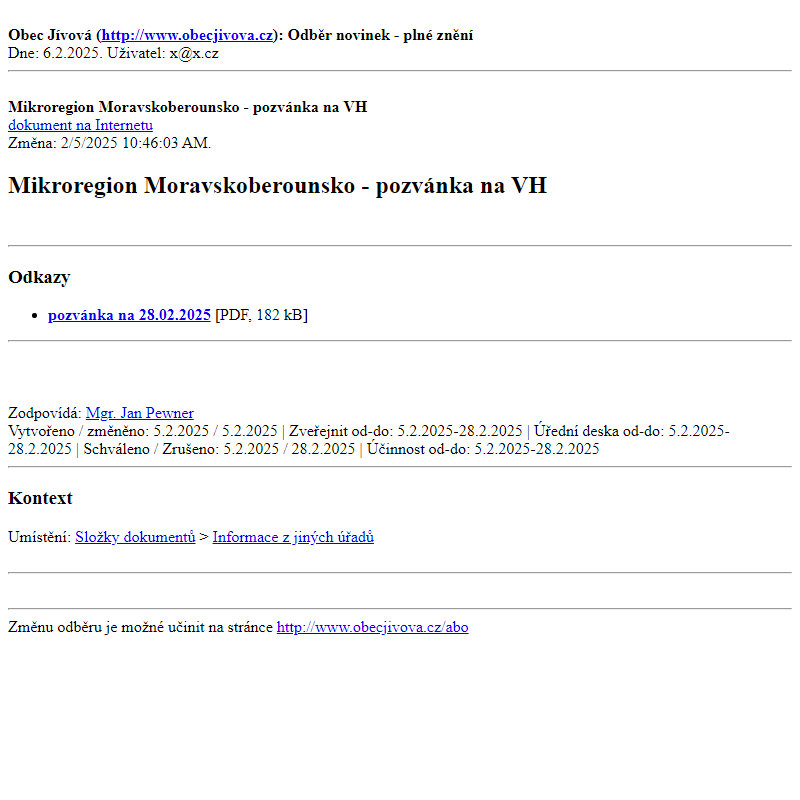 Odběr novinek ze dne (6.2.2025): Mikroregion Moravskoberounsko - pozvánka na VH