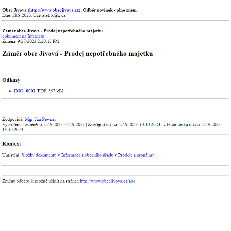Odběr novinek ze dne (28.9.2023): Záměr obce Jívová - Prodej nepotřebného majetku