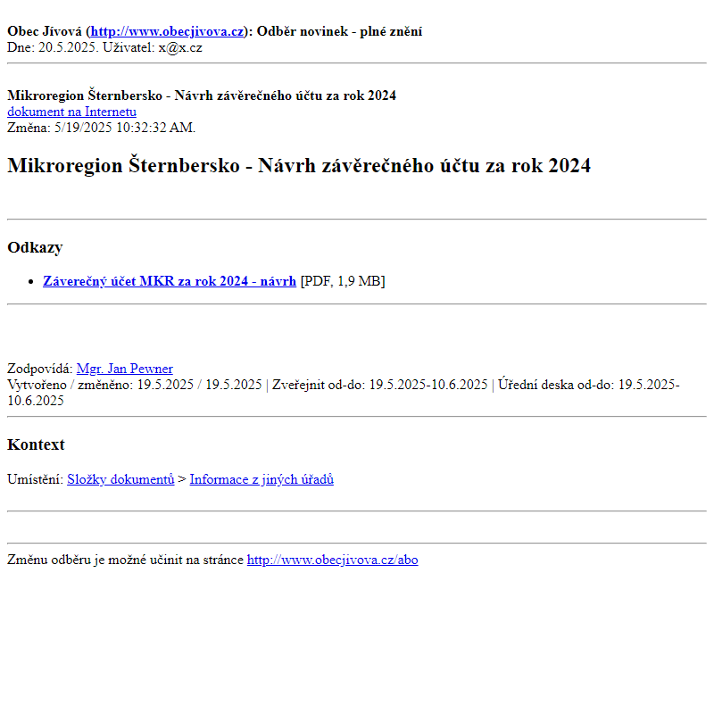 Odběr novinek ze dne (20.5.2025): Mikroregion Šternbersko - Návrh závěrečného účtu za rok 2024