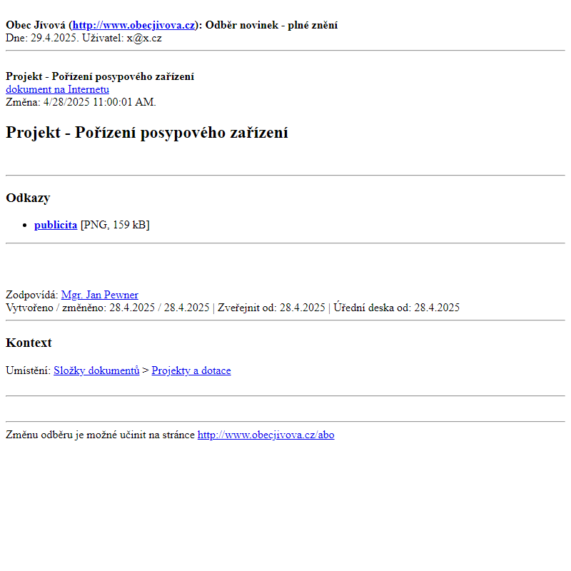 Odběr novinek ze dne (29.4.2025): Projekt - Pořízení posypového zařízení