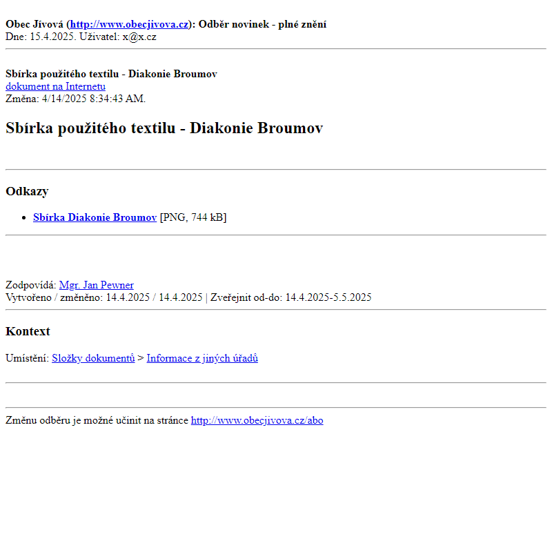 Odběr novinek ze dne (15.4.2025): Sbírka použitého textilu - Diakonie Broumov