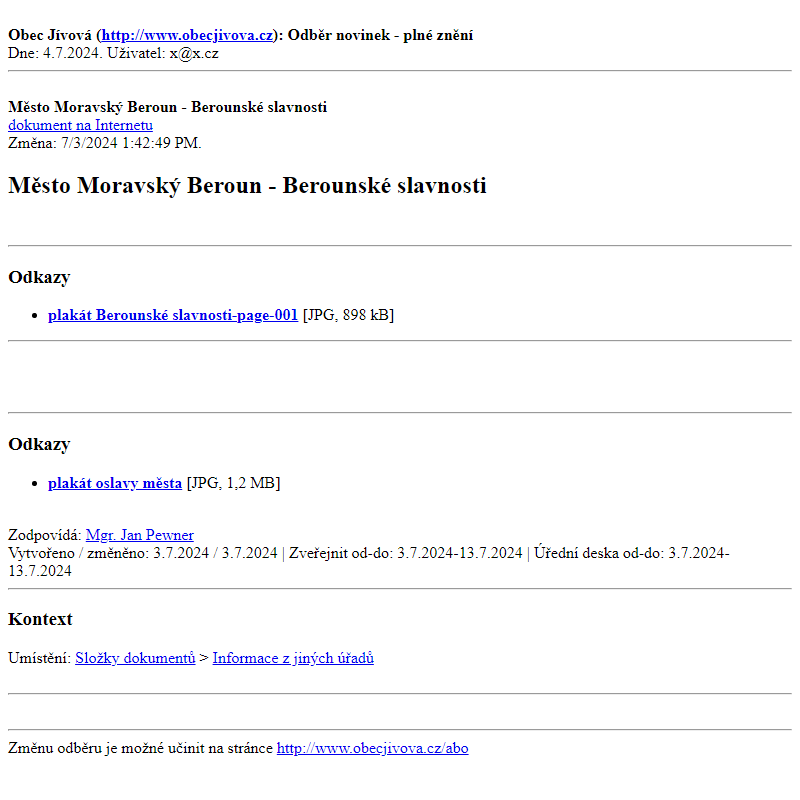 Odběr novinek ze dne (4.7.2024): Město Moravský Beroun - Berounské slavnosti