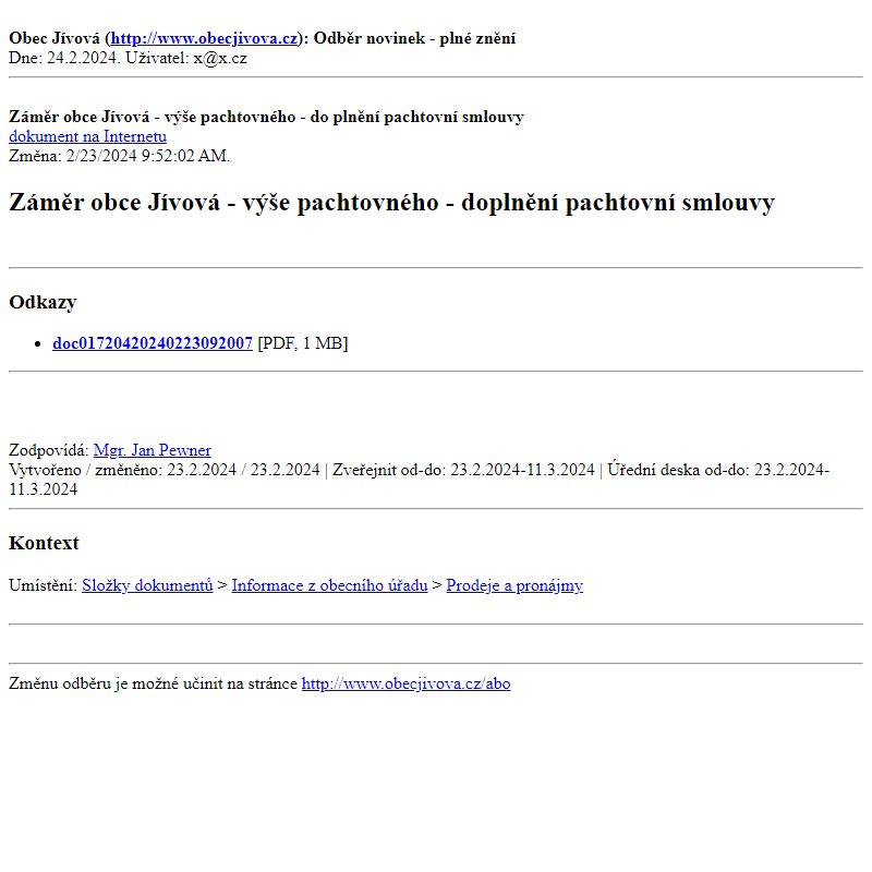 Odběr novinek ze dne (24.2.2024): Záměr obce Jívová - výše pachtovného - doplnění pachtovní smlouvy