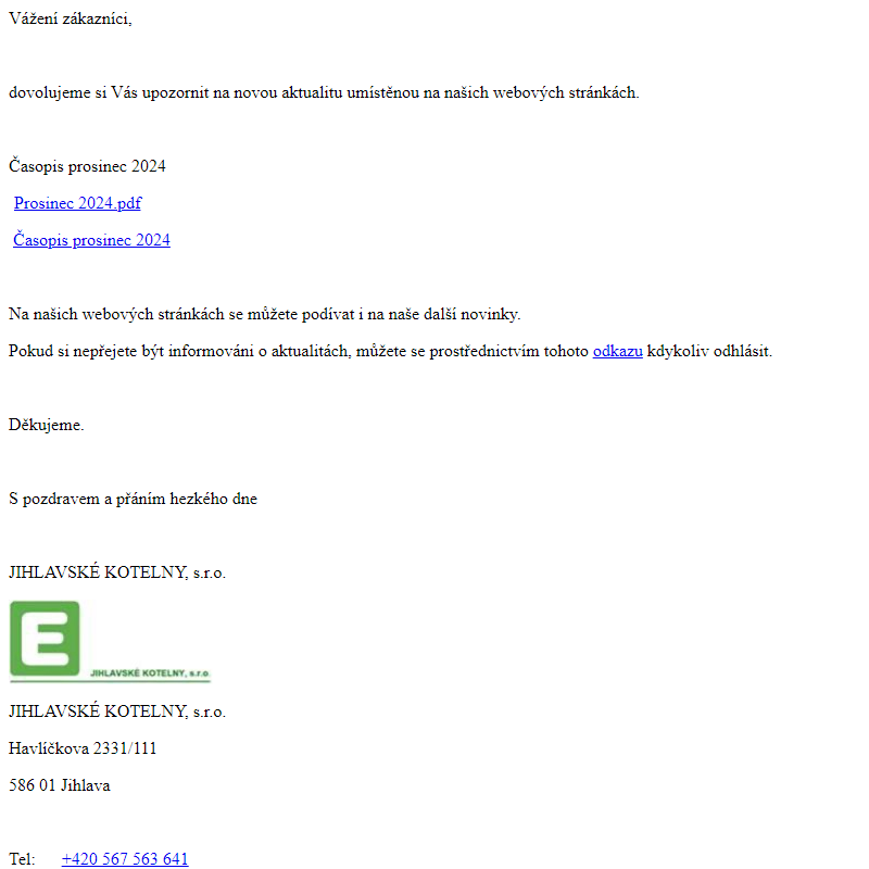 Nová aktualita na webu Jihlavské kotelny, s.r.o.