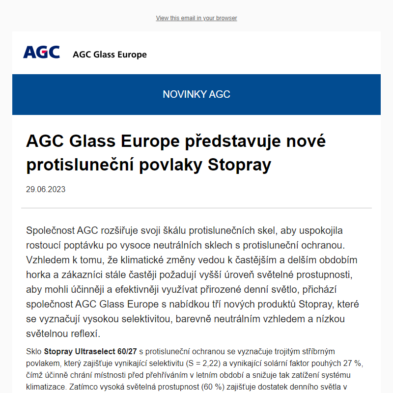 NOVINKY AGC :  AGC Glass Europe představuje nové protisluneční povlaky Stopray