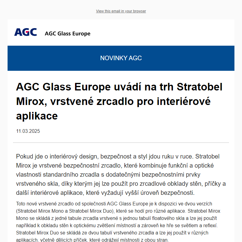 NOVINKY AGC: AGC Glass Europe uvádí na trh Stratobel Mirox, vrstvené zrcadlo pro interiérové aplikace