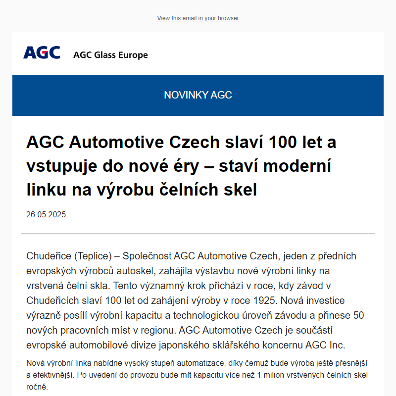 NOVINKY AGC: AGC Automotive Czech slaví 100 let a vstupuje do nové éry – staví moderní linku na výrobu čelních skel