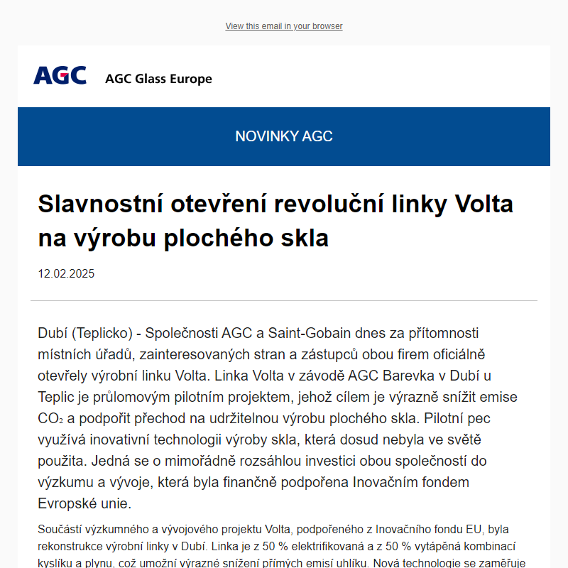 NOVINKY AGC:  Slavnostní otevření revoluční linky Volta na výrobu plochého skla