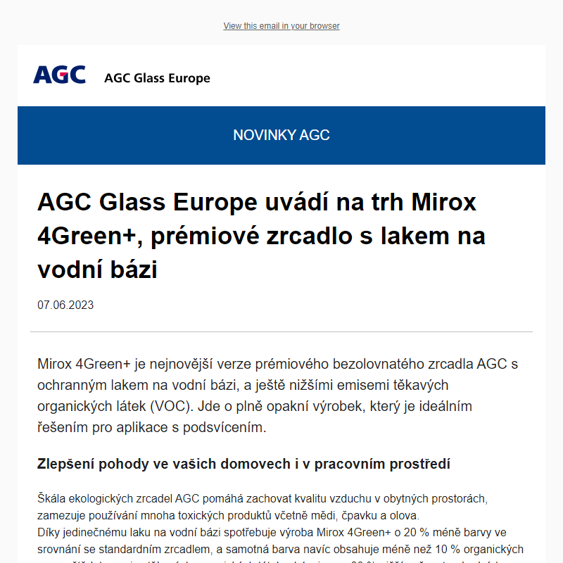 NOVINKY AGC :  AGC Glass Europe uvádí na trh Mirox 4Green+, prémiové zrcadlo s lakem na vodní bázi