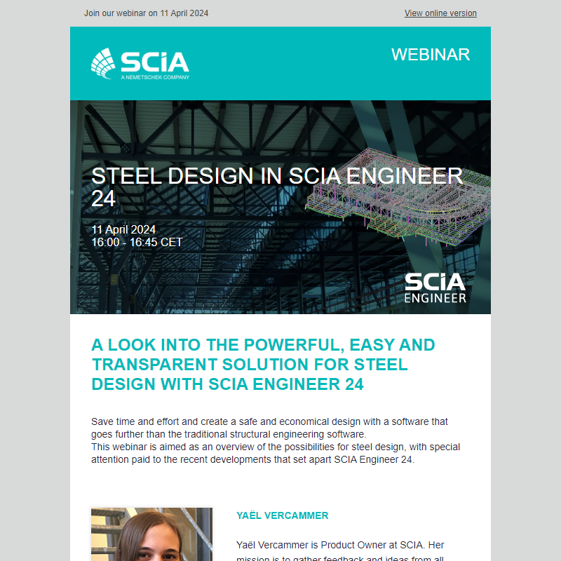 Attend our webinar on  Steel design in SCIA Engineer 24