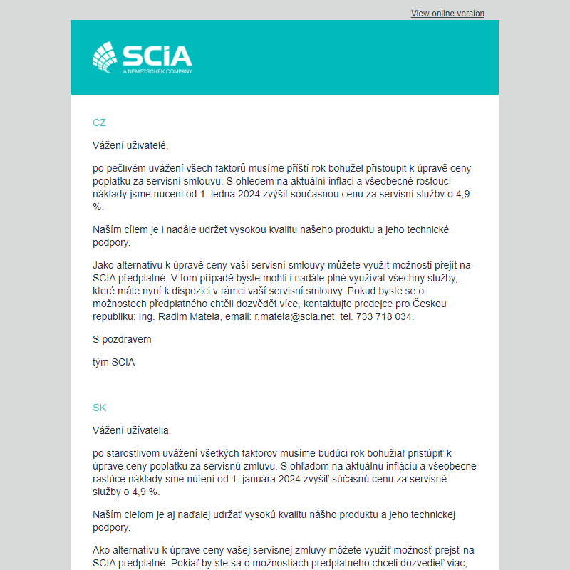 SCIA | Úprava cen servisní smlouvy od 1. ledna 2024