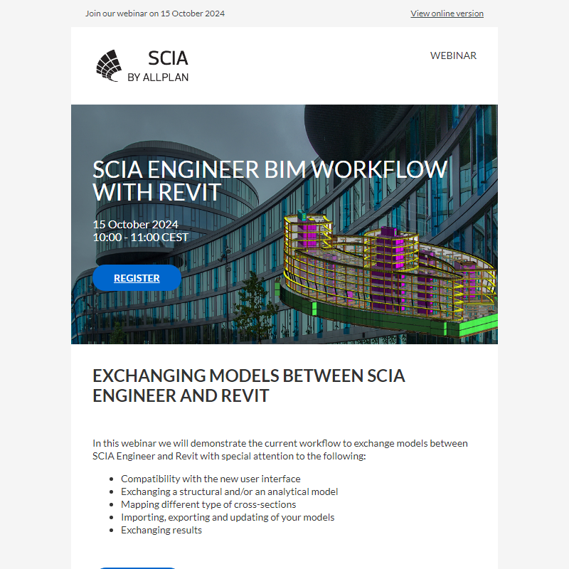 Attend our webinar on  SCIA Engineer BIM workflow with Revit