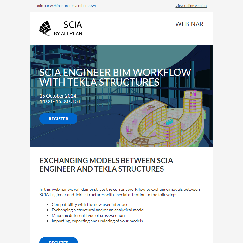 Attend our webinar on  SCIA Engineer BIM workflow with Tekla Structures