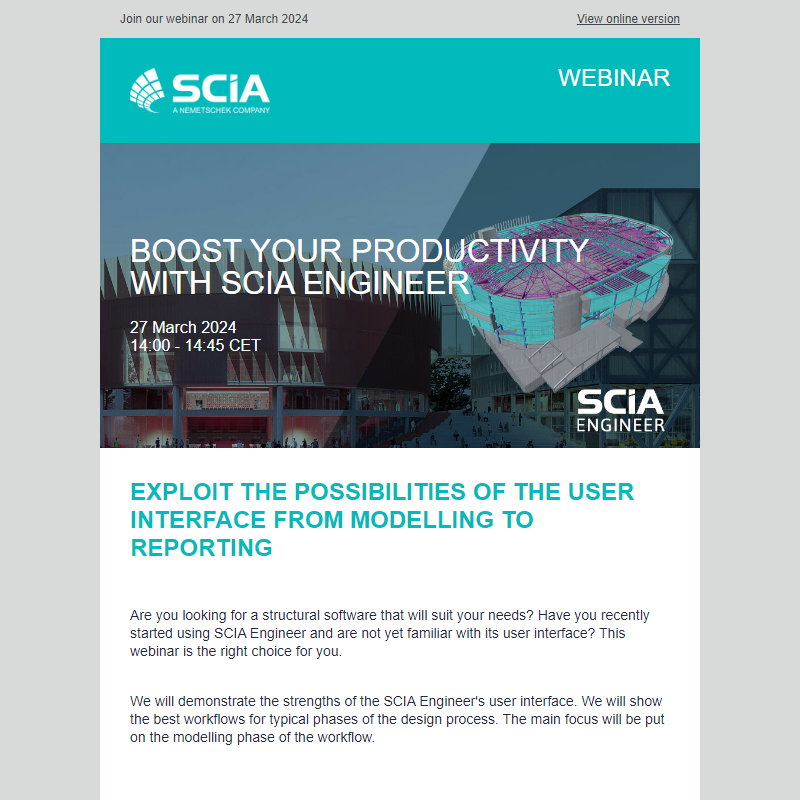 Attend our webinar on  Boost your productivity with SCIA Engineer