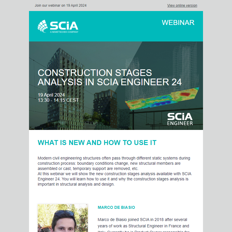 Attend our webinar on  Construction stages analysis in SCIA Engineer 24