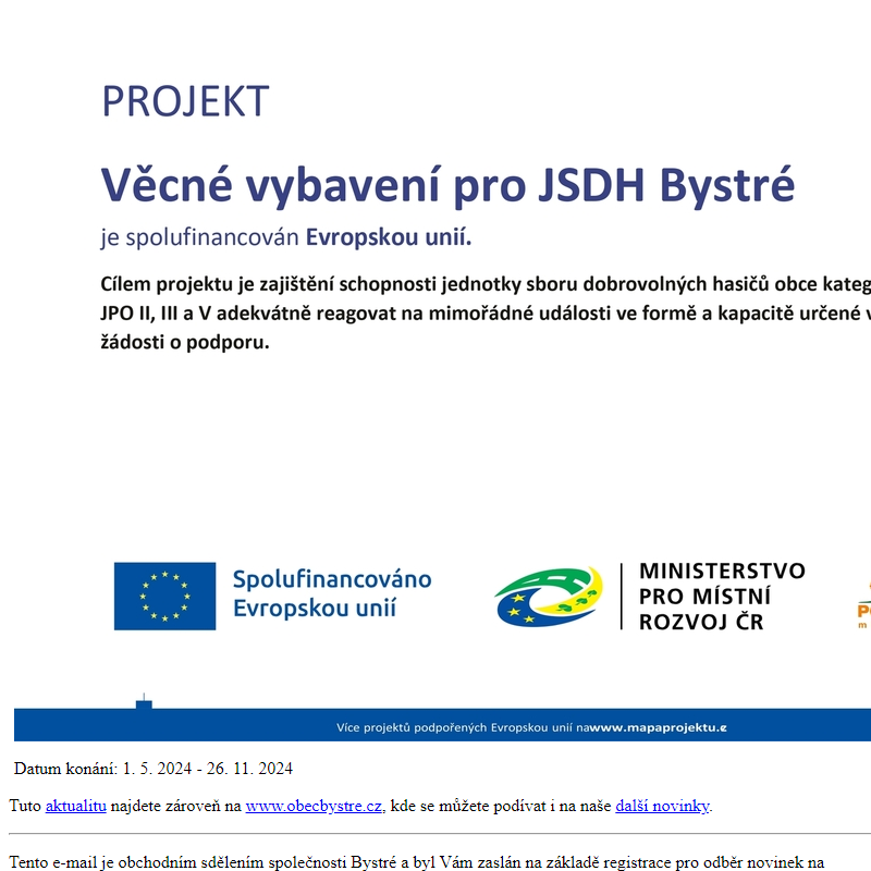 Věcné vybavení pro JSDH Bystré