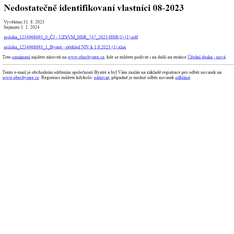 Na úřední desku www.obecbystre.cz bylo přidáno oznámení Nedostatečně identifikovaní vlastníci 08-2023