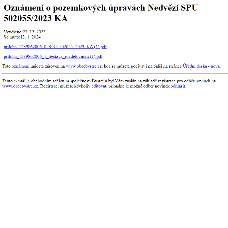 Na úřední desku www.obecbystre.cz bylo přidáno oznámení Oznámení o pozemkových úpravách Nedvězí SPU 502055/2023 KA