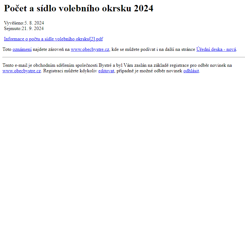 Na úřední desku www.obecbystre.cz bylo přidáno oznámení Počet a sídlo volebního okrsku 2024