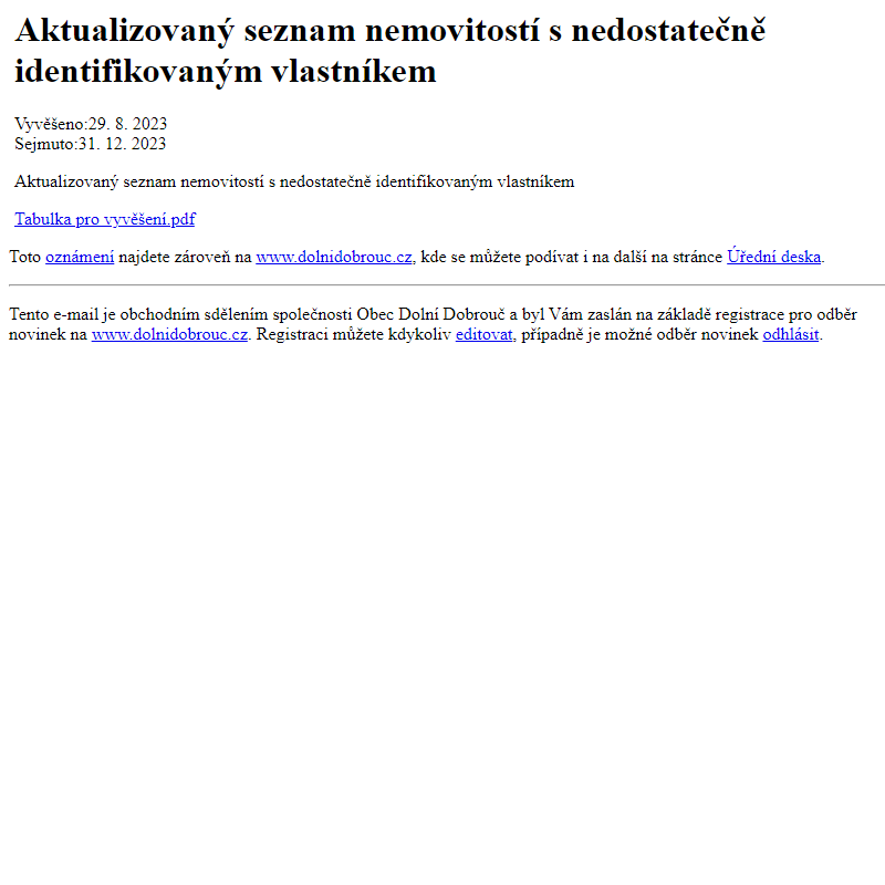 Na úřední desku www.dolnidobrouc.cz bylo přidáno oznámení Aktualizovaný seznam nemovitostí s nedostatečně identifikovaným vlastníkem