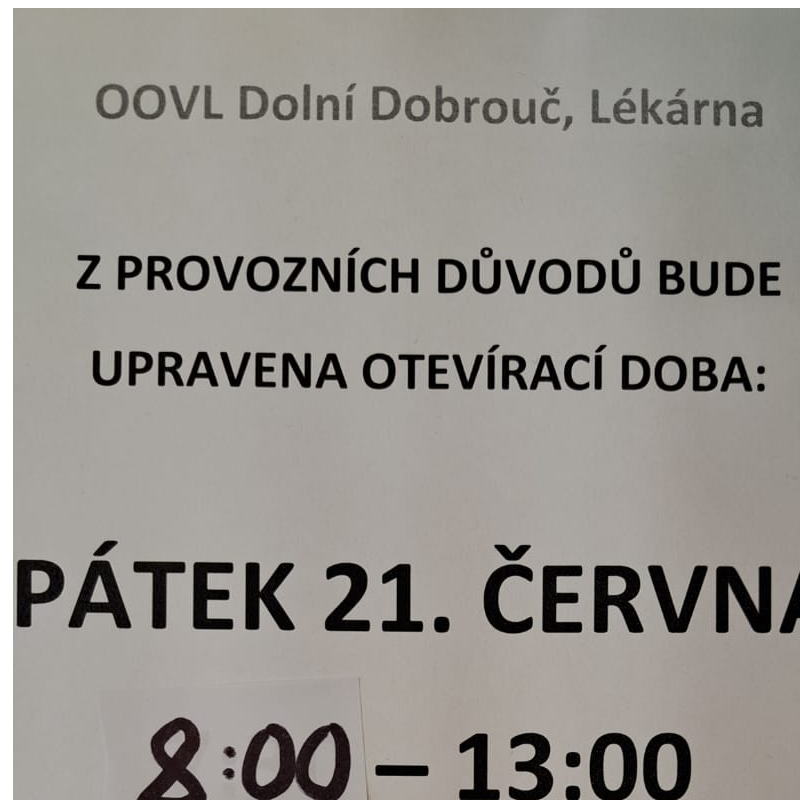 Lékárna - změna pracovní doby v pátek 21. 6. 2024