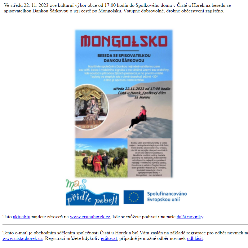 Připomínka - beseda o Mongolsku už příští středu