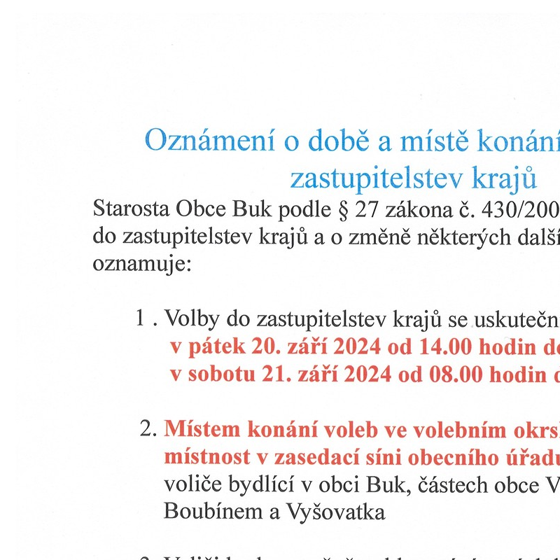 Ozn. o době a místě konání voleb do zastupitelstev krajů