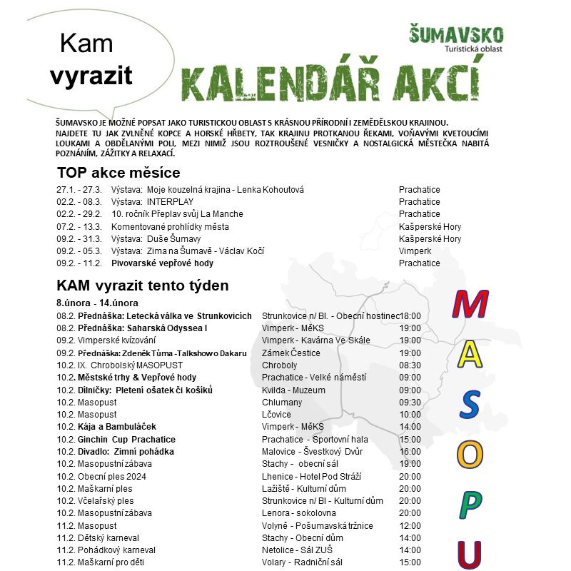 Kalendář akcí Šumavsko 8.2.2024 - 14.2.2024