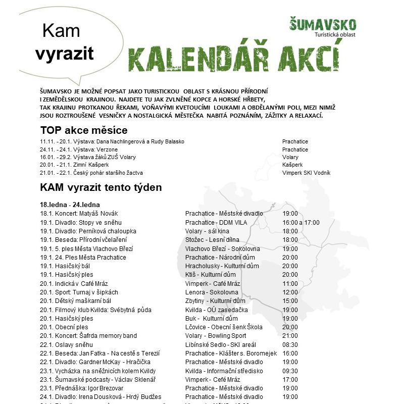 Kalendář akcí Šumavsko 18.1.2024 - 24.1.2024