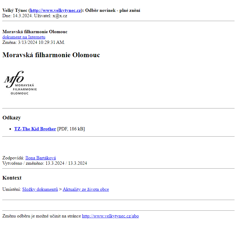 Odběr novinek ze dne 14.3.2024 - dokument Moravská filharmonie Olomouc