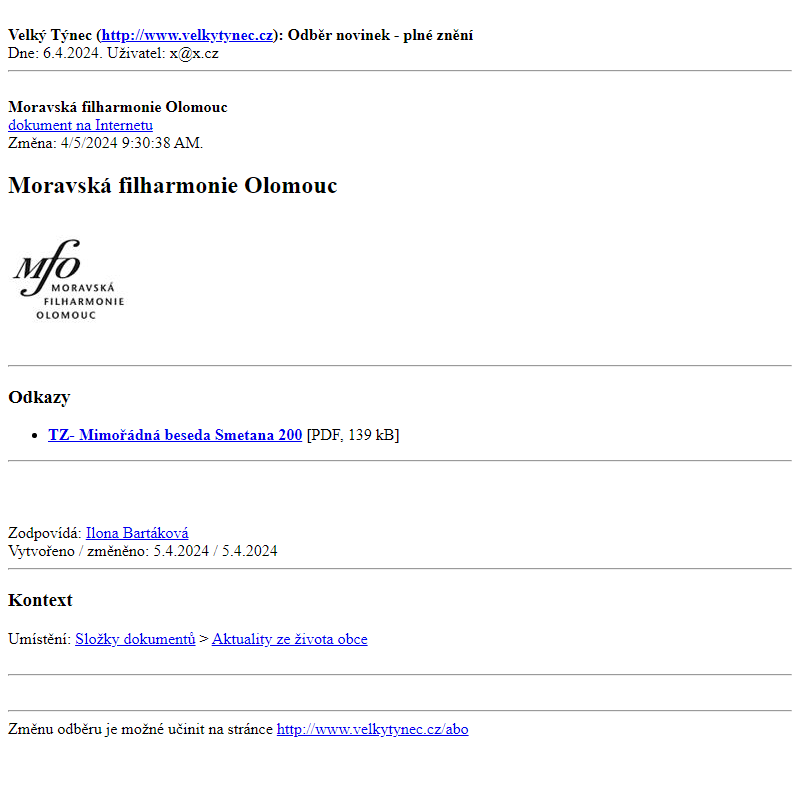 Odběr novinek ze dne 6.4.2024 - dokument Moravská filharmonie Olomouc