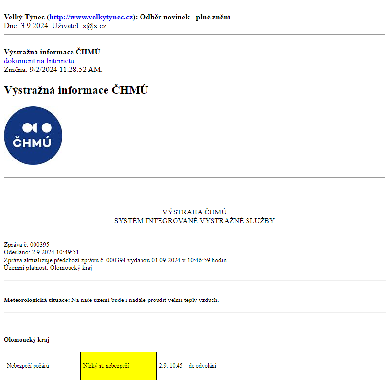 Odběr novinek ze dne 3.9.2024 - dokument Výstražná informace ČHMÚ