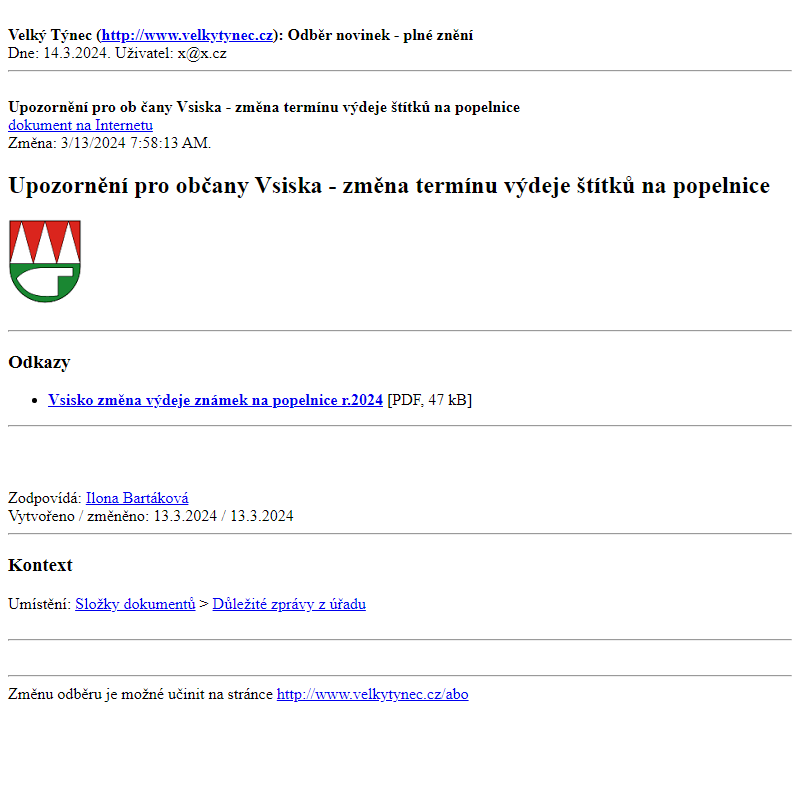 Odběr novinek ze dne 14.3.2024 - dokument Upozornění pro občany Vsiska - změna termínu výdeje štítků na popelnice