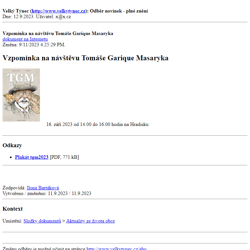 Odběr novinek ze dne 12.9.2023 - dokument Vzpomínka na návštěvu Tomáše Garique Masaryka