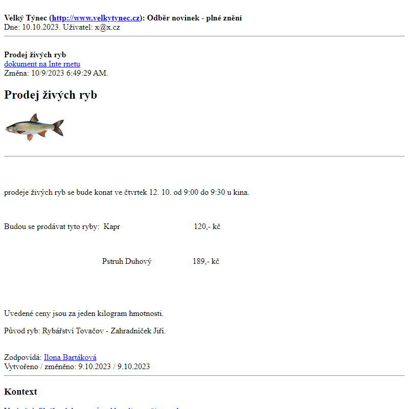 Odběr novinek ze dne 10.10.2023 - dokument Prodej živých ryb