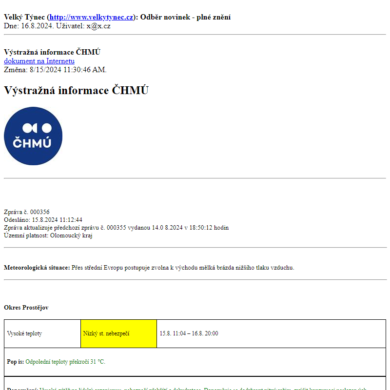 Odběr novinek ze dne 16.8.2024 - dokument Výstražná informace ČHMÚ