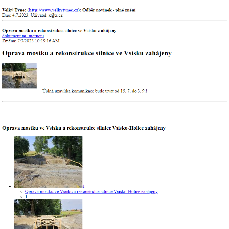 Odběr novinek ze dne 4.7.2023 - dokument Oprava mostku a rekonstrukce silnice ve Vsisku zahájeny