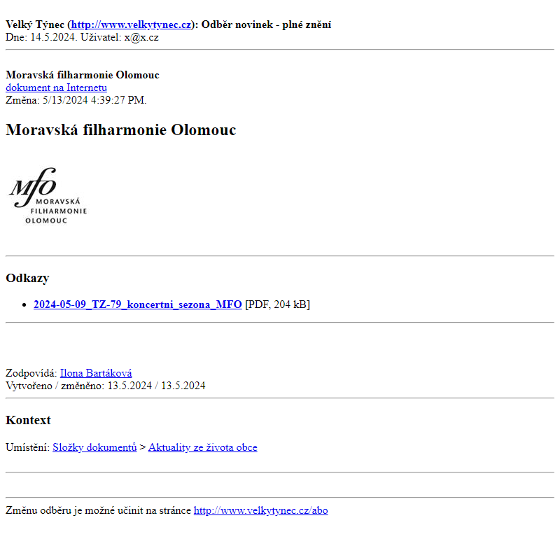 Odběr novinek ze dne 14.5.2024 - dokument Moravská filharmonie Olomouc