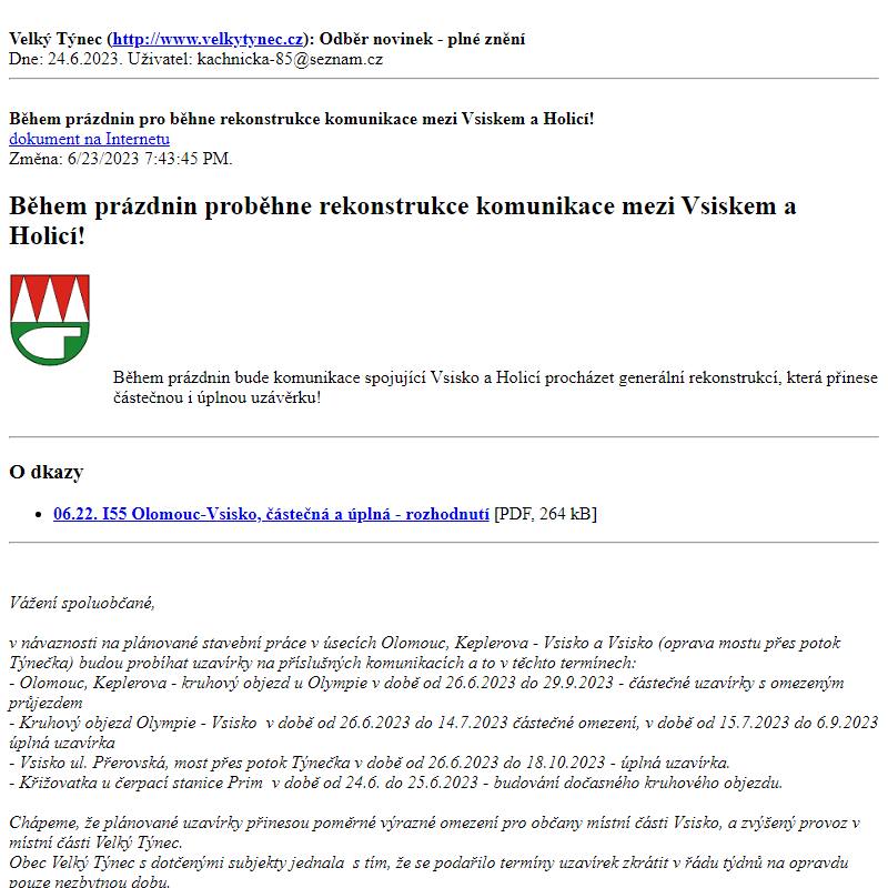 Odběr novinek ze dne 24.6.2023 - dokument Během prázdnin proběhne rekonstrukce komunikace mezi Vsiskem a Holicí!