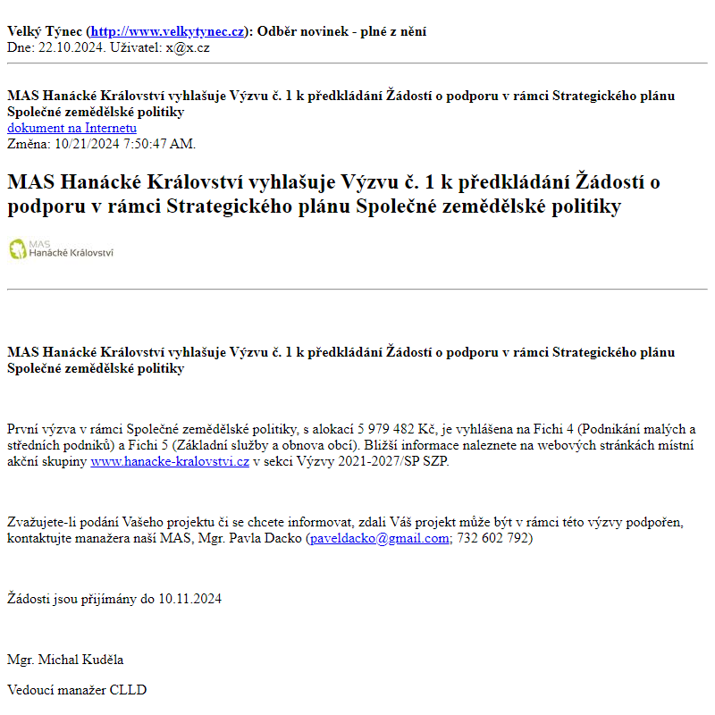 Odběr novinek ze dne 22.10.2024 - dokument MAS Hanácké Království vyhlašuje Výzvu č. 1 k předkládání Žádostí o podporu v rámci Strategického plánu Společné zemědělské politiky