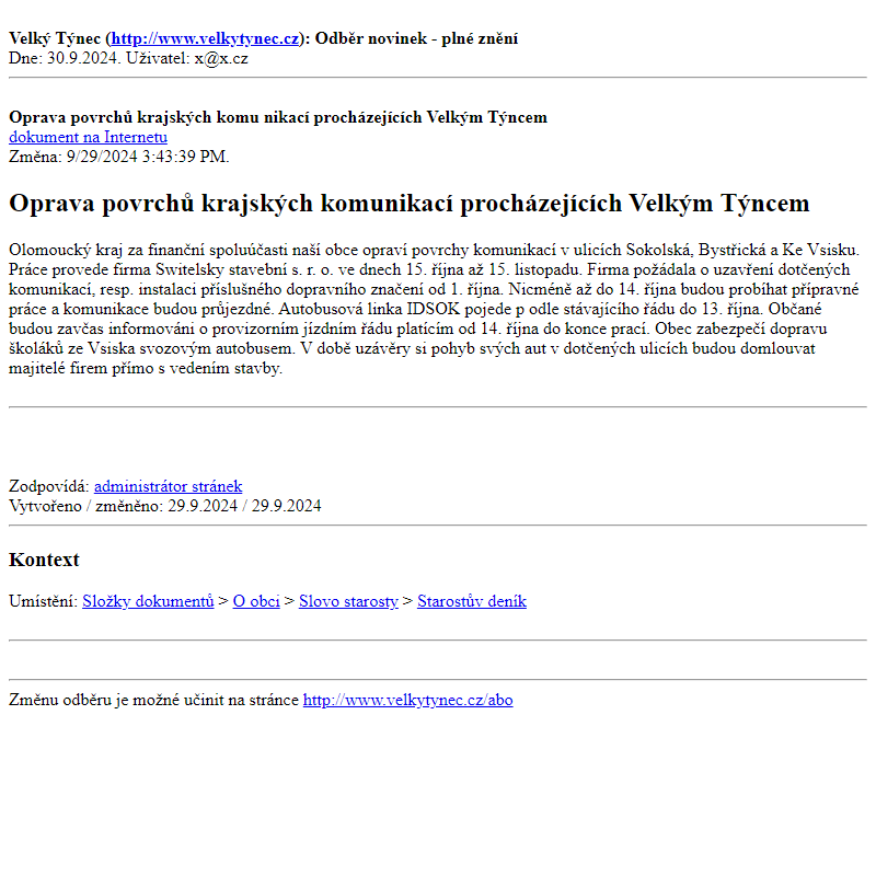 Odběr novinek ze dne 30.9.2024 - dokument Oprava povrchů krajských komunikací procházejících Velkým Týncem