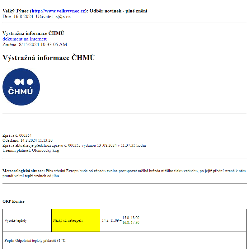 Odběr novinek ze dne 16.8.2024 - dokument Výstražná informace ČHMÚ