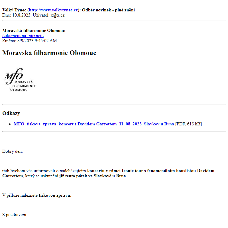Odběr novinek ze dne 10.8.2023 - dokument Moravská filharmonie Olomouc